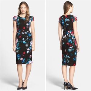 Betsey Johnson | Floral Sheath Dress Knee Length Midi Cap Sleeves Black Size 8